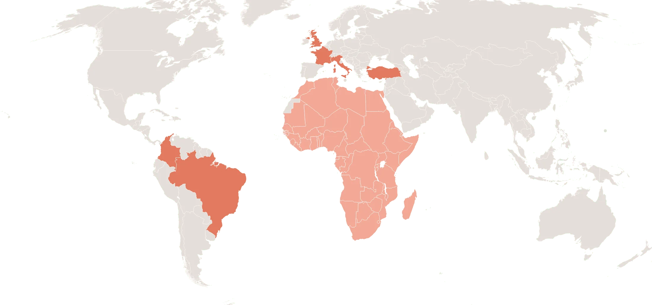 Mapa de presencia global de Feeltex: Colombia, Brasil, Turquía, Francia, Reino Unido, Italia y África